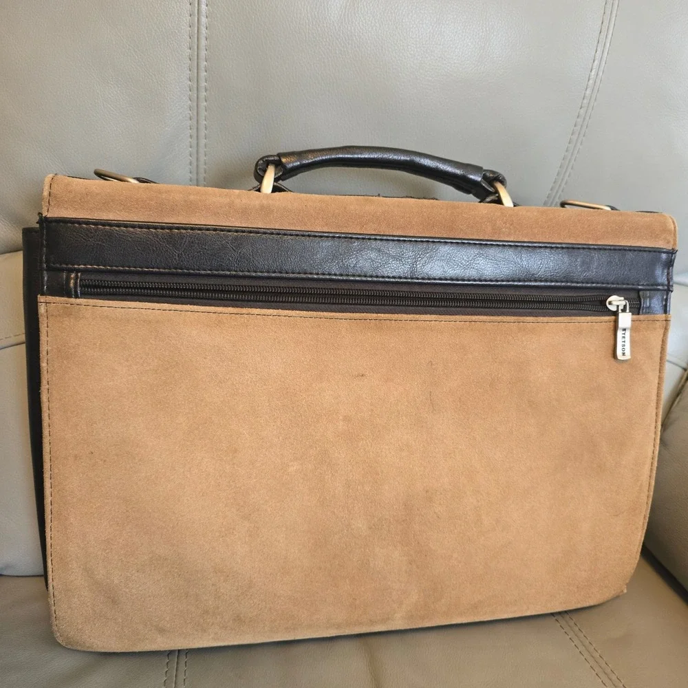 Stetson Mens Suede Leather Briefcase Tan Brown Laptop Messenger Bag‎ Vintage